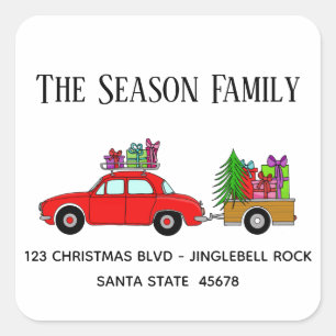 Retro Red Car with Christmas Gifts Square Sticker
