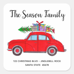 Retro Red Car with Christmas tree Square Sticker
