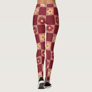 Retro Red Checkerboard Floral Leggings