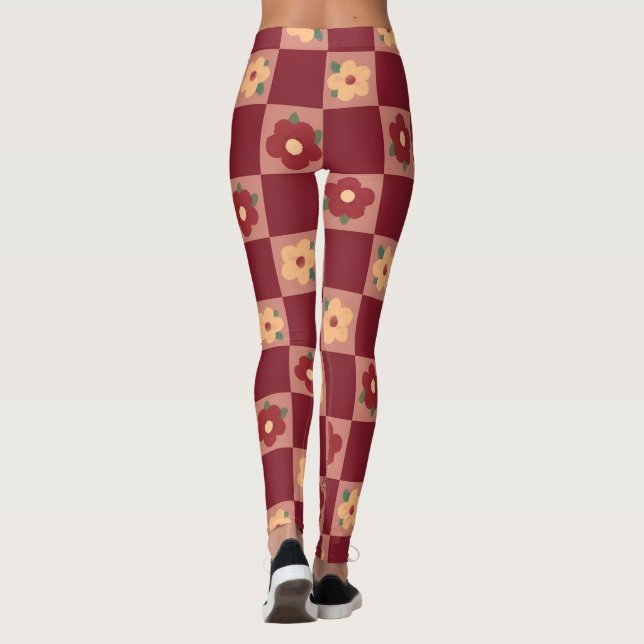 Retro Red Checkerboard Floral Leggings (Back)