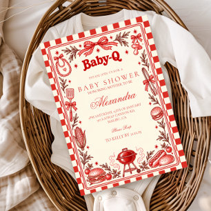 Retro Red Chequered Baby-Q Baby Shower Invitation