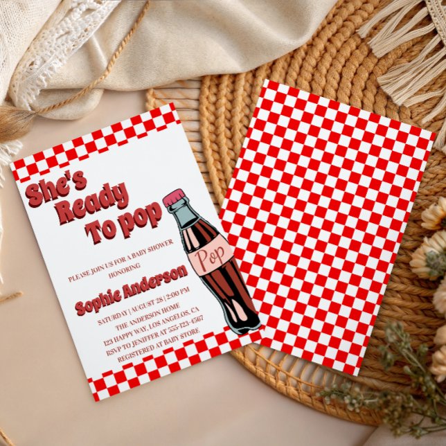 Retro Red Chequered She’s Ready to Pop Baby Shower Invitation (Creator Uploaded)