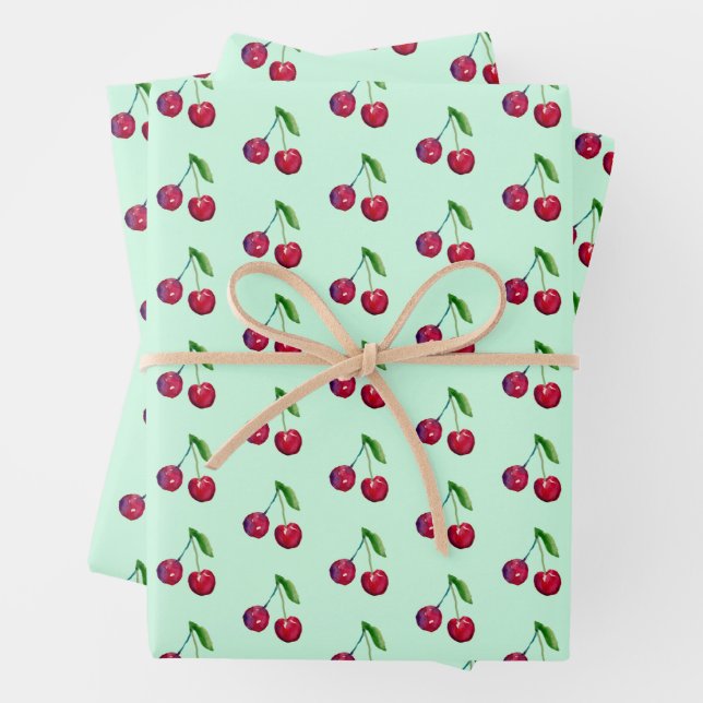 Retro Red Cherries Packaging Mint Green Christmas Wrapping Paper Sheet (In situ)