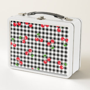 Retro Red Cherry Black White Buffalo Plaid Gingham Metal Lunch Box