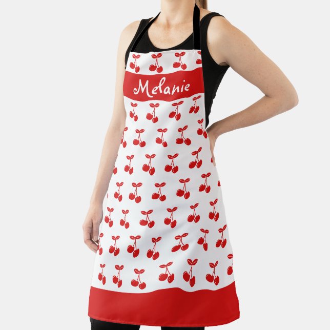 Retro Red Cherry Pattern White Personalised Apron (Insitu)