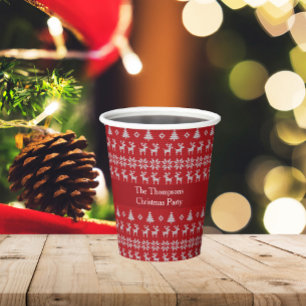 Retro Red Christmas Reindeer Custom Holiday Party Paper Cups