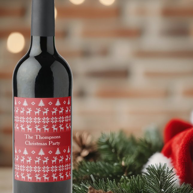 Retro Red Christmas Reindeer Custom Holiday Party Wine Label (Creator Uploaded)
