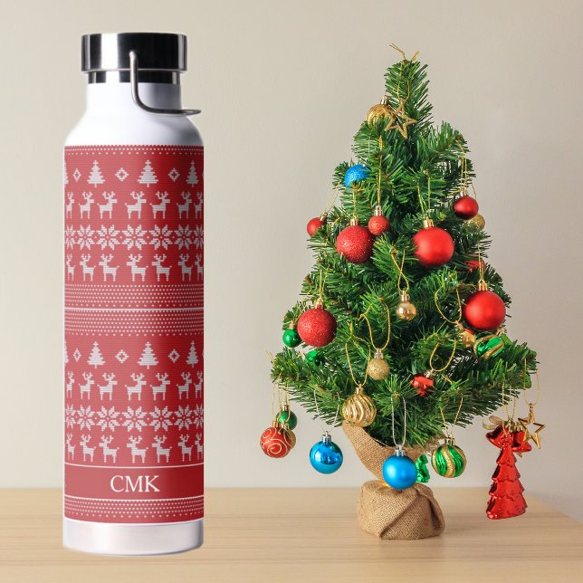 Retro Red Christmas Reindeer Personalised Holiday Water Bottle (Creator Uploaded)