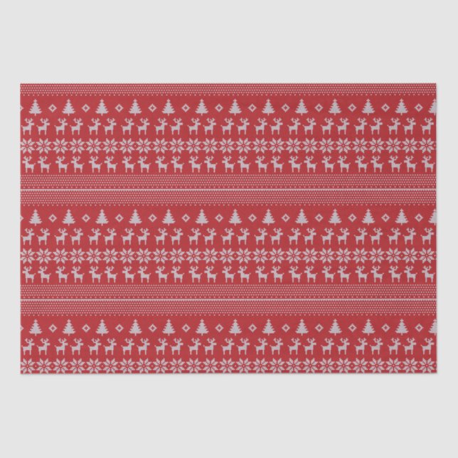 Retro Red Christmas Reindeer Snowflake Pattern Tissue Paper (Front)