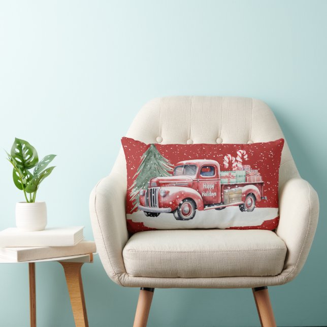 Retro Red Christmas Truck Lumbar Cushion (Chair)