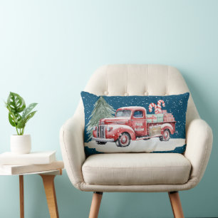 Retro Red Christmas Truck With Candy Canes Lumbar Cushion