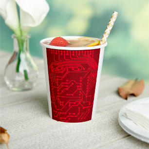 Retro Red Circuit Board Tech Pattern Paper Cups
