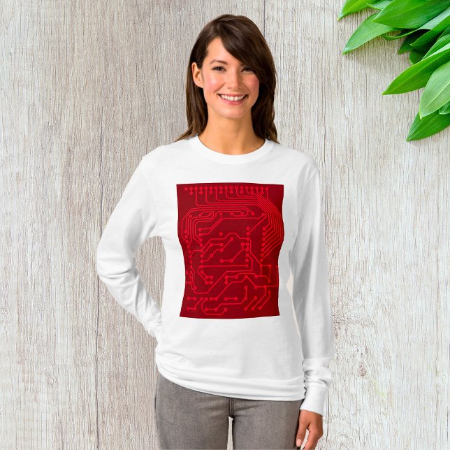 Retro Red Circuit Board Tech Pattern T-Shirt (Creator Uploaded)
