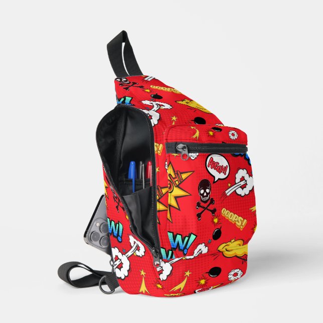 Retro Red Comic Book Pop Art Explosion Pattern Sling Bag (Open)