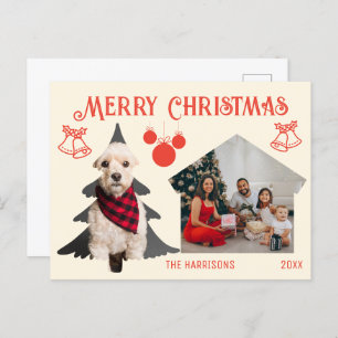 Retro Red Cream Family Pet Photo Christmas Postcard