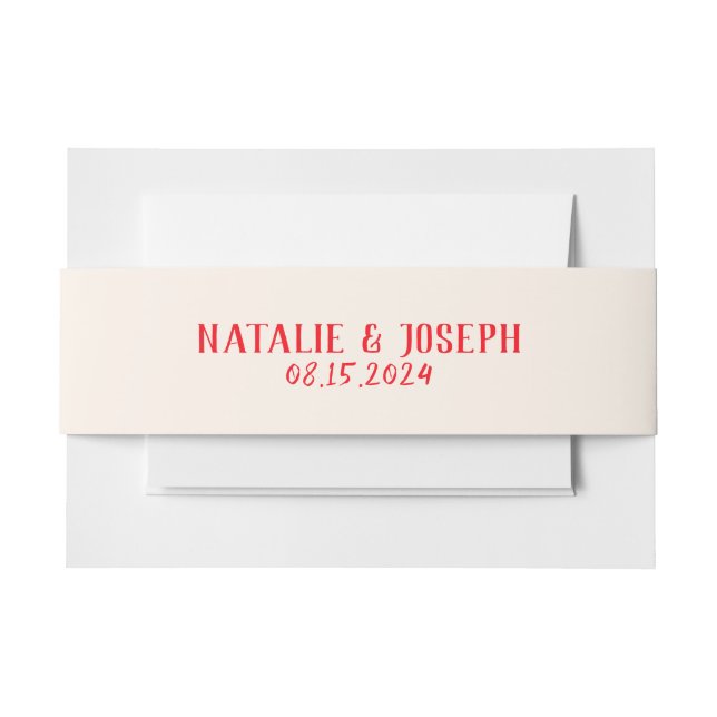 Retro Red Cream Hand Written Unique Bold Wedding Invitation Belly Band (Front Example)