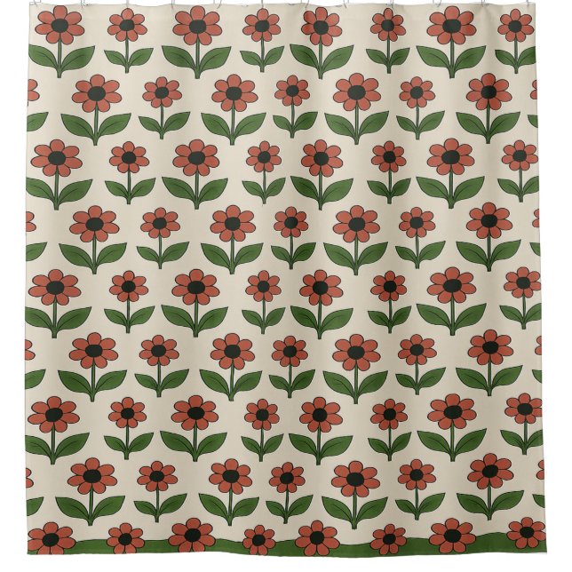 Retro Red Daisy Pattern Shower Curtain (Front)