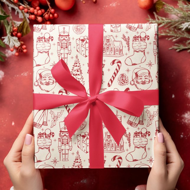 Retro Red Doodle Christmas Wrapping Paper (Creator Uploaded)