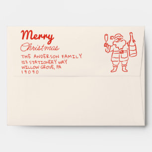 Retro Red Drawn Santa Claus Champagne Christmas Envelope