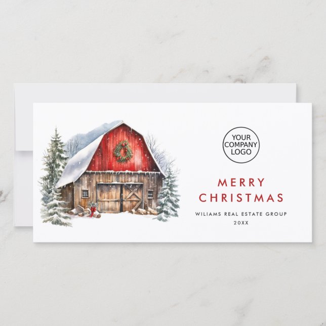 Retro Red Farm Barn Christmas Corporate Holiday Card (Front)