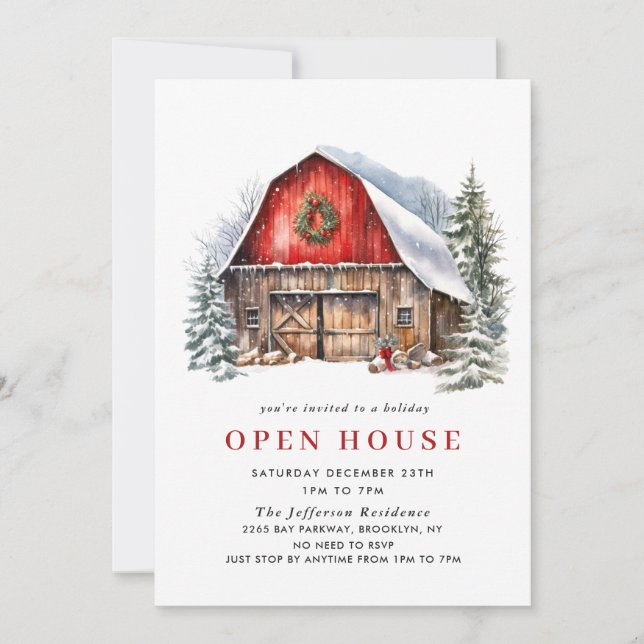 Retro Red Farm Barn Christmas Open House Invitation (Front)
