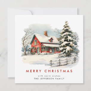 Retro Red Farm Barn Christmas Tree Greeting Holiday Card