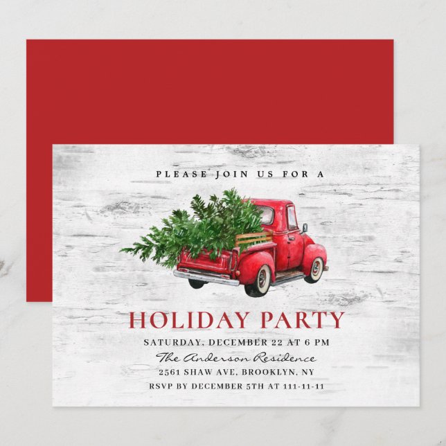 Retro Red Farm Truck Birch Christmas Holiday Party Invitation (Front/Back)