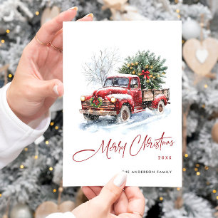 Retro Red Farm Truck Bohemian Christmas Tree Holiday Card