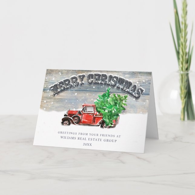 Retro Red Farm Truck Christmas Corporate Greeting Holiday Card (Front)