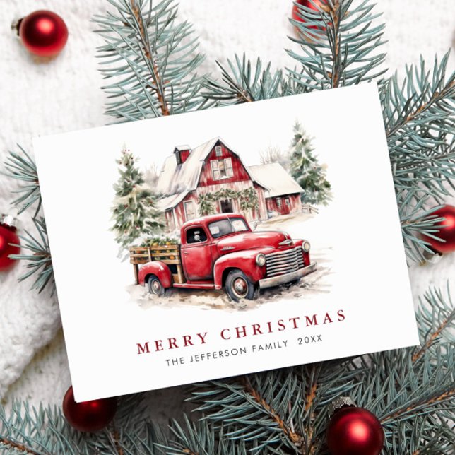 Retro Red Farm Truck Christmas Greeting Holiday Postcard (Creator Uploaded)