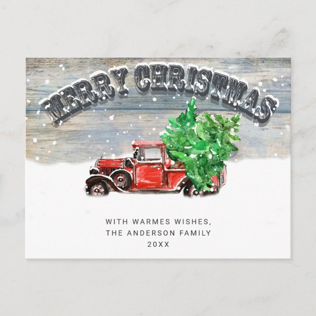 Retro Red Farm Truck Christmas Greeting Holiday Postcard (Front)