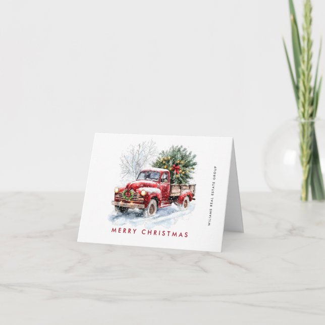 Retro Red Farm Truck Christmas Tree Corporate Holiday Card (Front)