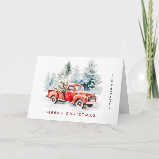 Retro Red Farm Truck Christmas Tree Corporate Holiday Card (Front)
