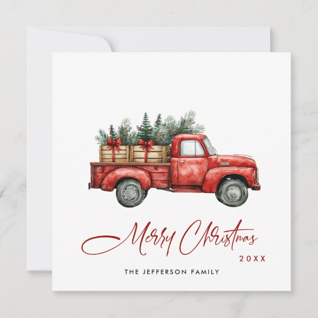 Retro Red Farm Truck Christmas Tree Greeting Holiday Card (Front)