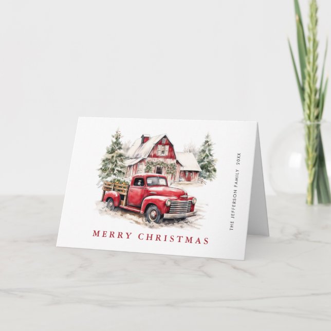 Retro Red Farm Truck Country Christmas Greeting Holiday Card (Front)