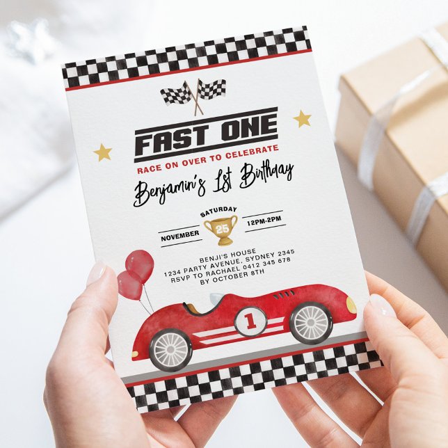 Retro Red Fast One Race Car Boy 1st Birthday Invitation (Creator Uploaded)