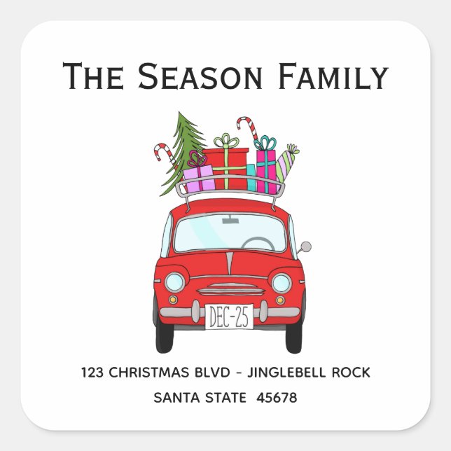 Retro Red Fiat 500 with Christmas Gifts Square Sticker (Front)