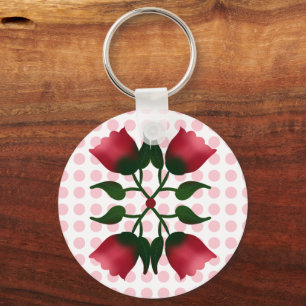 Retro Red Floral Folk Art with Pink Polka Dot Patt Key Ring