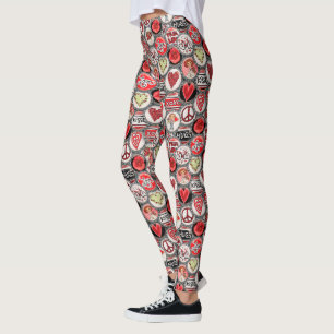 Retro Red Floral Heart Valentine's Day Bottle Cap Leggings