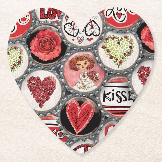 Retro Red Floral Hearts True Love Valentine's Day  Paper Coaster (Front)