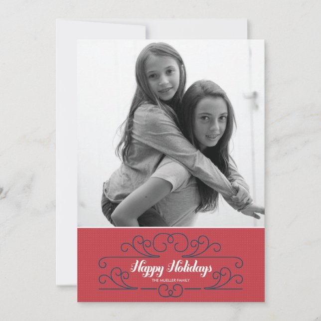Retro Red Florish Holiday Photo Card (Front)
