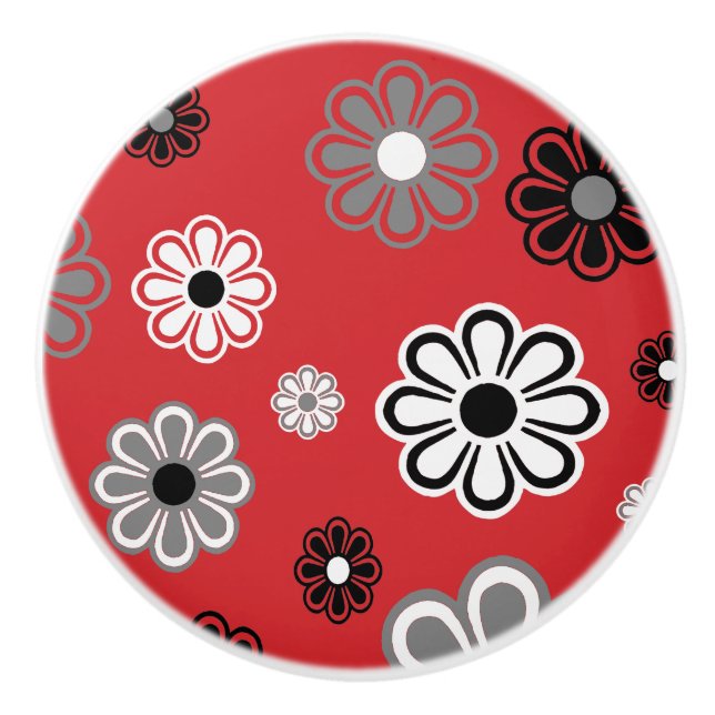 Retro Red Flower Power ceramic knob (Front)
