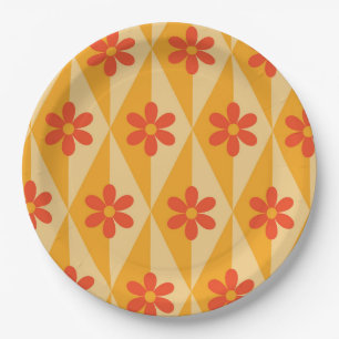 Retro Red Flowers on orange vintage diamonds Paper Plate