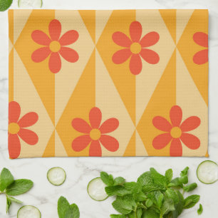 Retro Red Flowers on orange vintage diamonds Tea Towel
