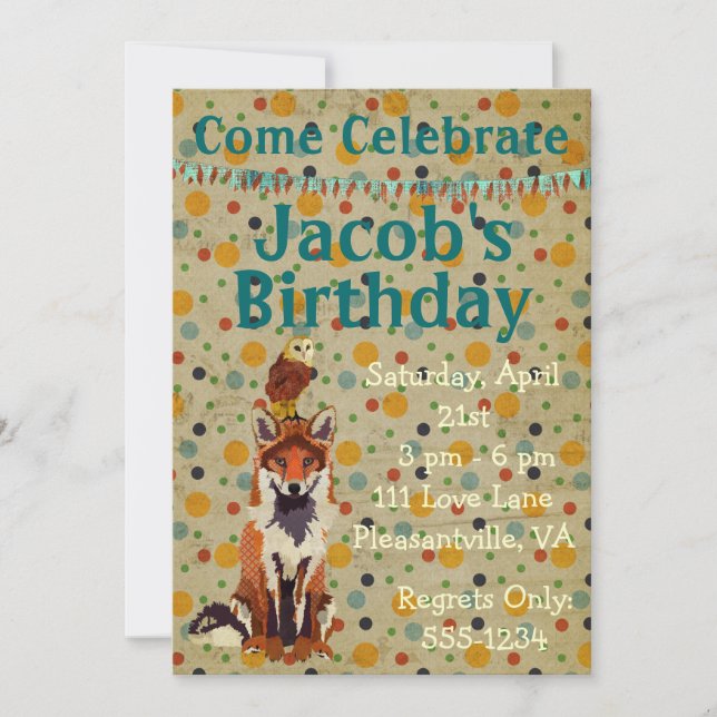 Retro Red Fox & Owl Birthday Invitation (Front)