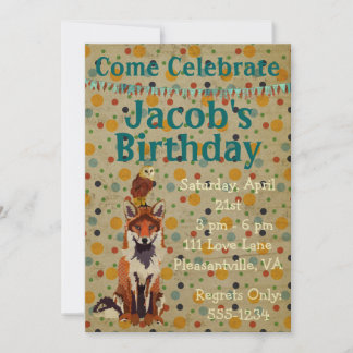 Retro Red Fox & Owl Birthday Invitation