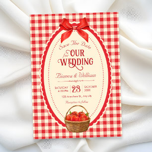 Retro red gingham picnic save the date