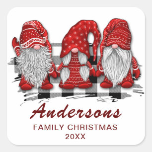 Retro Red Gnomes Christmas Plaid Holiday Square Sticker
