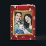 Retro Red Gold Snowflakes Christmas Photo Custom Holiday Card<br><div class="desc">"Believe in the miracle of Christmas". Red Gold Snowflakes Christmas Photo Custom Folded Greeting Card. Add your favourite family photo, first Christmas together photo or pet's or baby's first holiday picture... .. then customise the text. Modern cheerful way to send happy winter holiday greetings to all your friends and loved...</div>