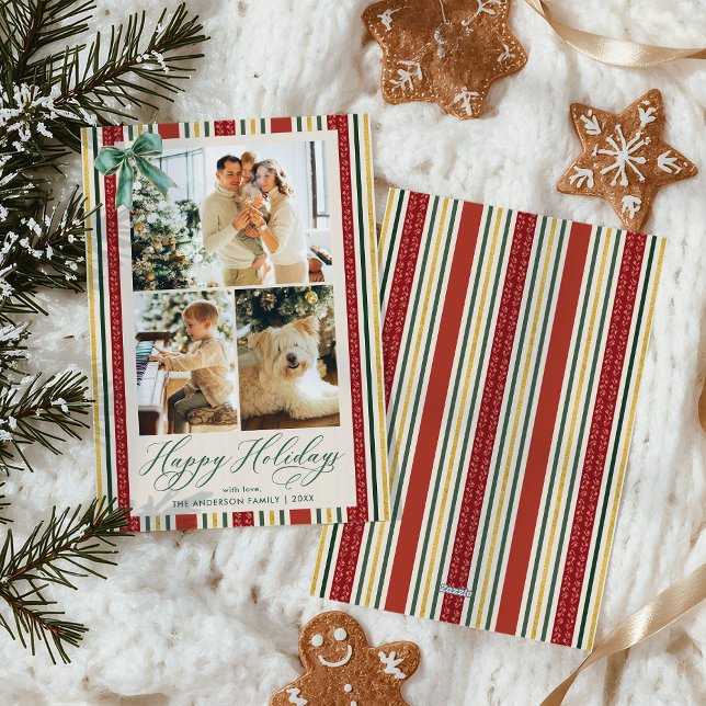 Retro Red Gold Stripes Bow Happy Holidays 3 Photo Holiday Card (Creator Uploaded)